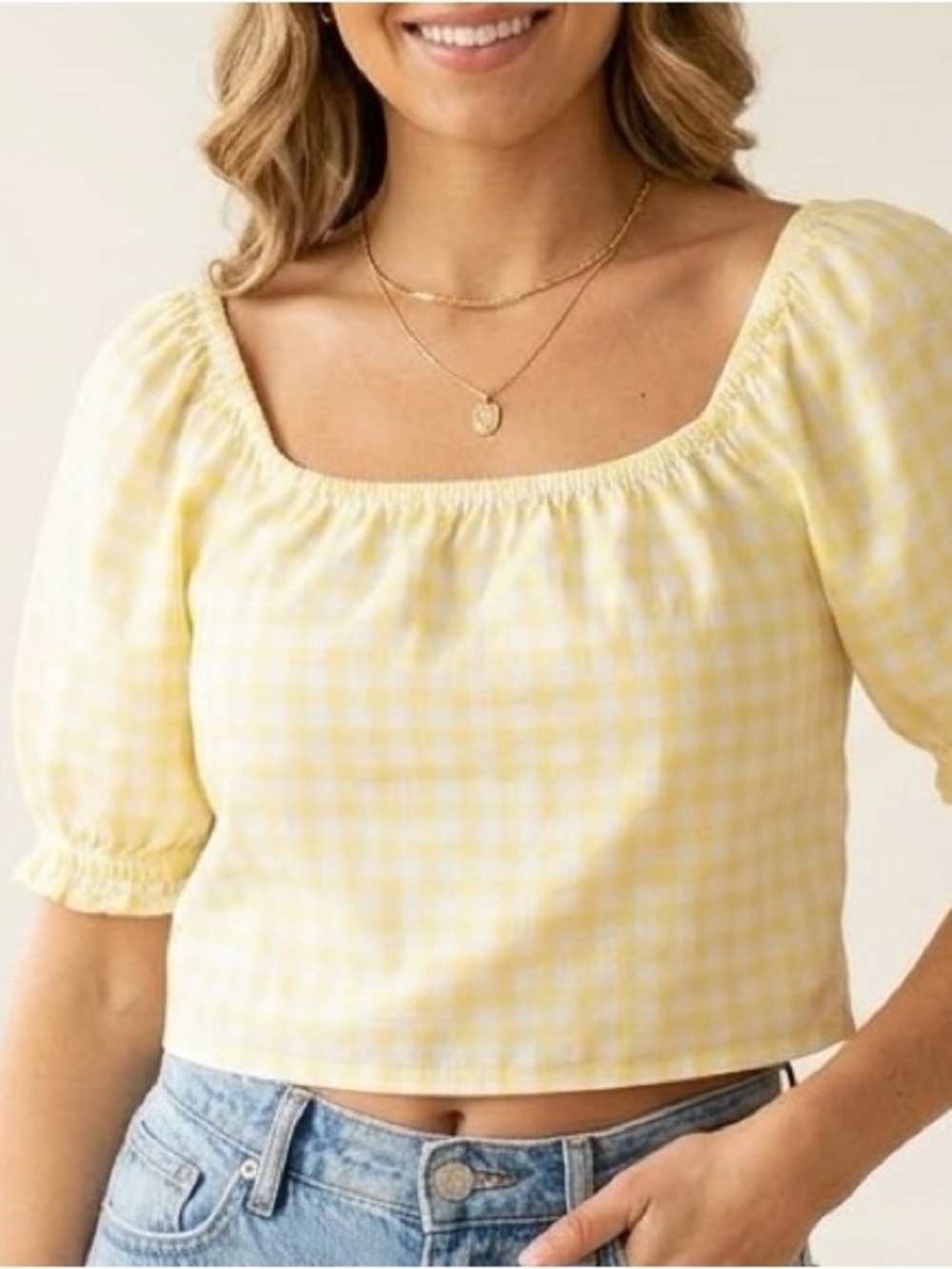 RW&CO. Yellow Gingham Linen-Blend Puff Sleeve Top Small